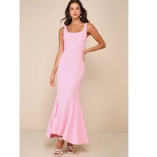 Lulus Romantic Destiny Light Pink Square Neck Trumpet Formal Maxi Dress XS