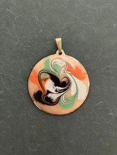 Vintage Enameled Copper Handmade Hand Painted Pendent Retro Jewelry 