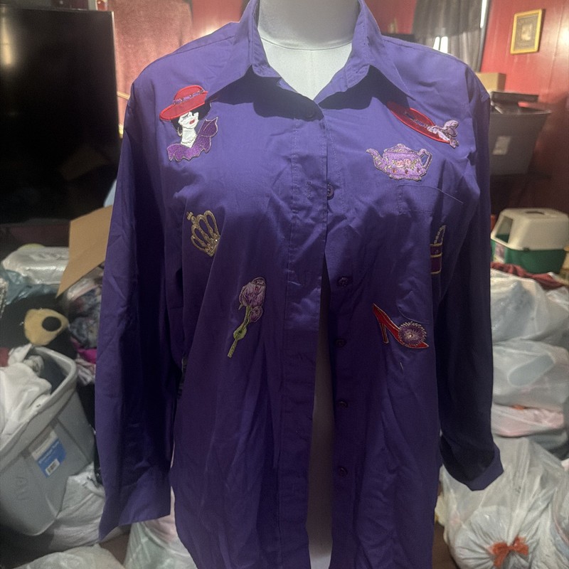 Tia Pompano Beach Women's LongSleeve Embroidered Button Up Shirt Purple Red Hat