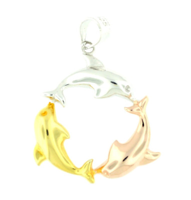 925 Sterling Silver Tri-Color Pendant - Circular Dolphin Family Pod