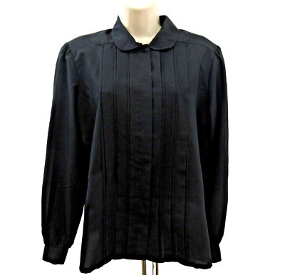 Judy Bond Blouse Womens Size 14 Black Tuxedo Pleated Front Round Collar Cuffs