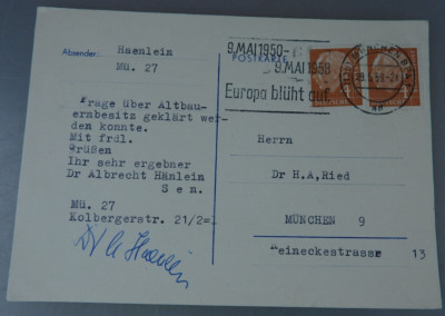 Autograph Dr. Albrecht Hänlein Archivpfleger und im Staatsdienst 1958 (109002)