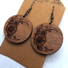 Handmade Solid Walnut Moon Sunflower Wooden Earrings Hypoallergenic Made in USA