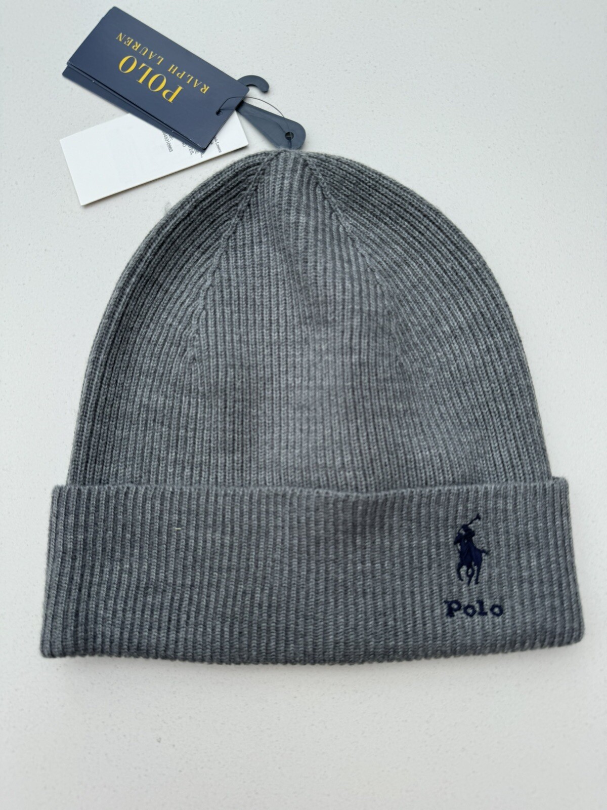 Polo Ralph Lauren grigia nuova con etichette con pony blu navy cappello lavorato a maglia lana merino