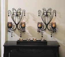 Beaded Smoky Glass Wall Sconce Candle Holder Light Lamp Lantern Home Decor Pair