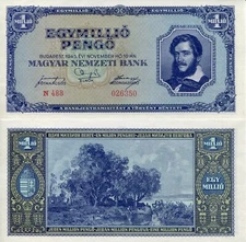 Hungary post-WWII inflation Issue 1,000,000 Pengo 1945 large, ornate note - F!