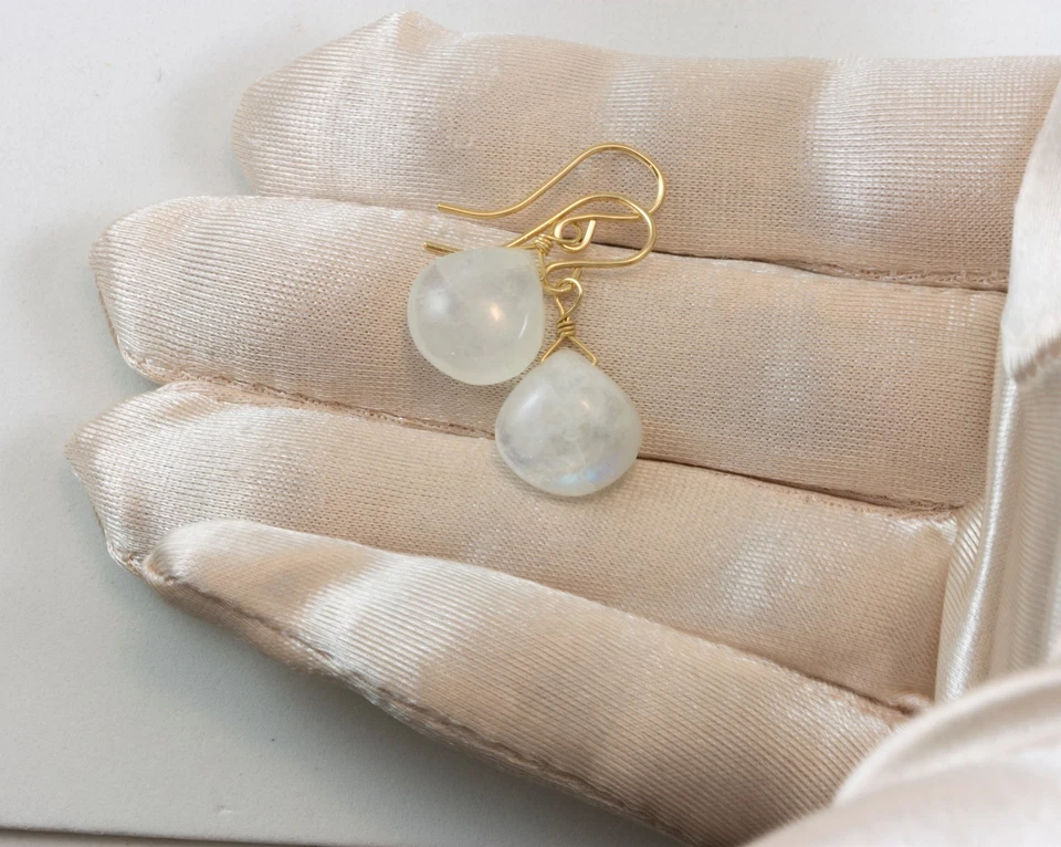 Pendientes de piedra lunar arco iris lágrimas blancas lisas gota de oro amarillo de 14 k Foto 2 de 4