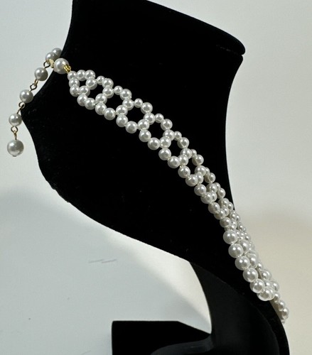 Vintage Faux Pearl Collar Necklace RBG Ivory Seed Beaded Lace Bib Necklace~19” - Picture 9 of 10