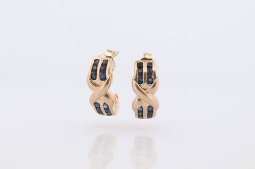 14k Sapphire cross X Dangle earrings. Criss X Channel set Sapphire hoop earring - Picture 2 of 6