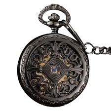 New Pocket Watch Roman Numerals Dial Vintage Skeleton Mechanical Movement Chain.