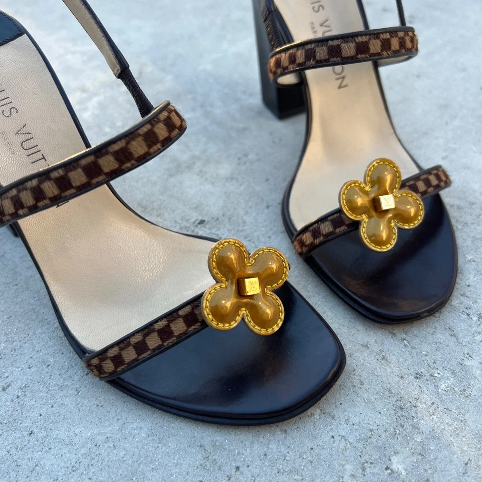 Louis Vuitton | Auténticos Tacones Sandalia Tacón Bloque Patrón Damier Pelo de Poni (36.5) Foto 2 de 4