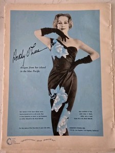 1957 Women's Dorothy O'hara Dinner Dress design Island Blue Pacific Vintage Ad 