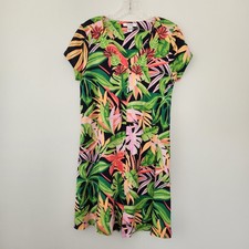 Go Softly Patio Muu Muu Dress Women's S Zip Front Cotton Blend Green Pink Leaf