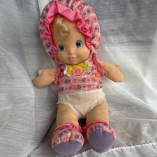 Soft Body Baby Girl Doll Blonde Straight Hair Blue Eyes Pink Floral Bonnet