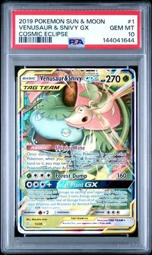VENUSAUR & SNIVY GX PSA 10 2019 POKEMON SUN & MOON #1 COSMIC ECLIPSE Tag Team