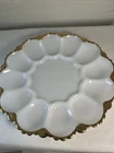 Anchor Hocking White Milk Glass Deviled Egg Plate Gold Trim 10" Party VTG