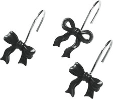 12PCS Cute Bow Shower Curtain Hooks, Black Bowknot Decorative Shower Curtain Rin