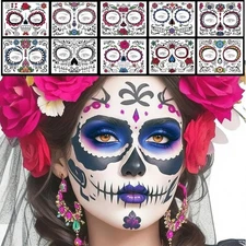 Day of the Dead Face Tattoos 10 Pack black, white, red, pink, purple