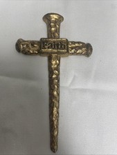 Gold Tone Metal 3 Nail Style Cross "Faith" Crucifix Wall Mount Religious