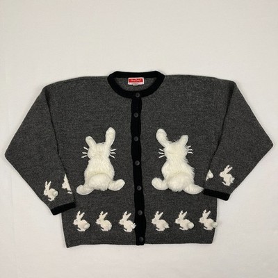 VTG Rene Derhy Cardigan Womens M / L Gray Bunny Rabbit Wool Blend Parisian Boho