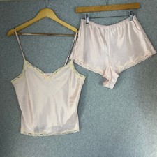 Vintage Y2K Victorias Secret Pink Satin Lace Camisole Shorts Lingerie Set Medium