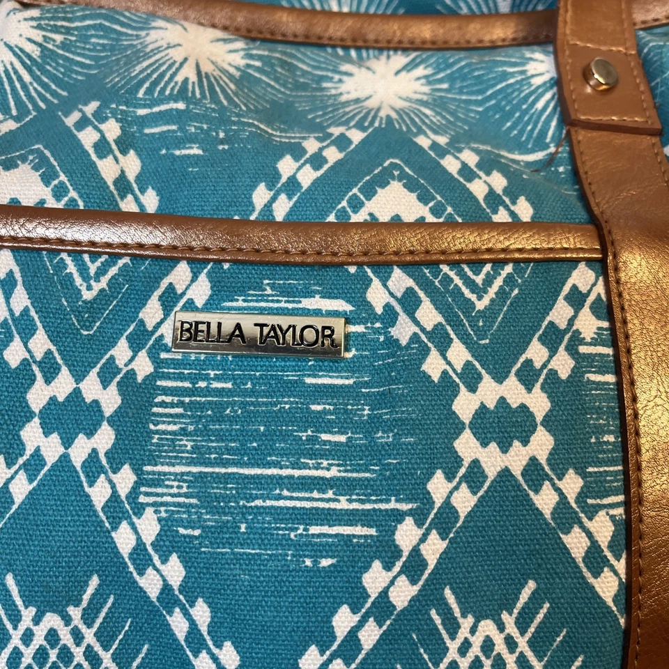 Bella Taylor Large Canvas Tote Bag Blue White 100% Cotton Faux Leather Travel - Image 4 of 4