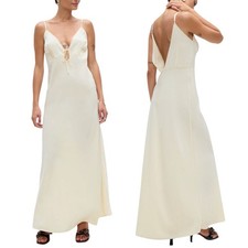 Frankies Bikinis Beauty Maxi Dress Women's Medium Macadamia Satin Slip Lace Trim