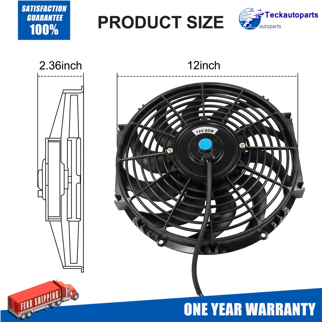 Black 12V 80W 12 Inch Electric Radiator Cooling Fan Push Pull Style Universal