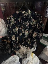 Rachael & Chloe Navy Kimono Small Pink Flowers Floral Blue Ivory Fringe Cover Up