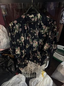 Rachael & Chloe Navy Kimono Small Pink Flowers Floral Blue Ivory Fringe Cover Up