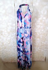 M&S Womens Maxi Dress Sleeveless Halterneck V-neck Stretch Size 14 Multicoloured