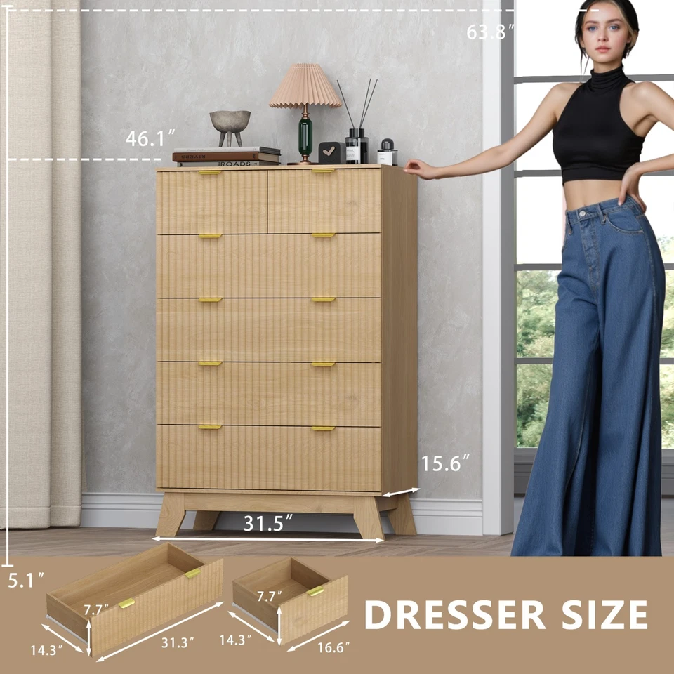 Fluted 6 Drawers Dresser with Metal Handle, Curved Profile Design for Bedroom - Image 3 of 4