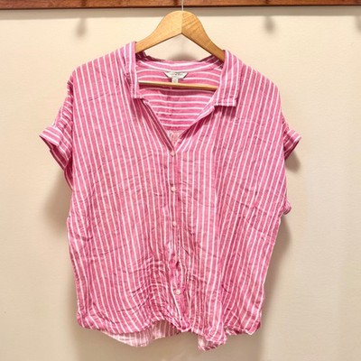 Lucky Brand Pink White Striped Button Down Shirt Short Sleeve Cotton Modal L