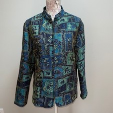 Coldwater Creek Zip up Blazer Large Blue Green Mandarin Collar Flowers