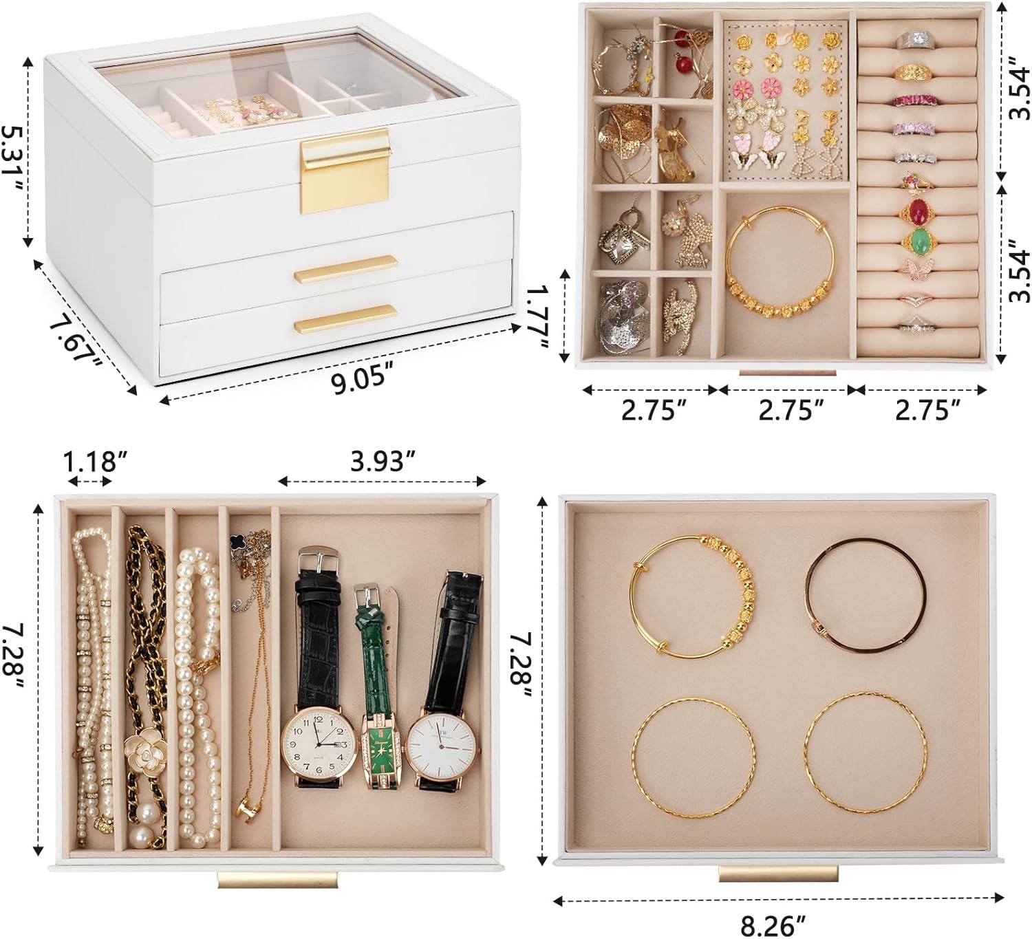 3-Layer Jewelry Box for Women, Organizer with Glass Lid and Cream 