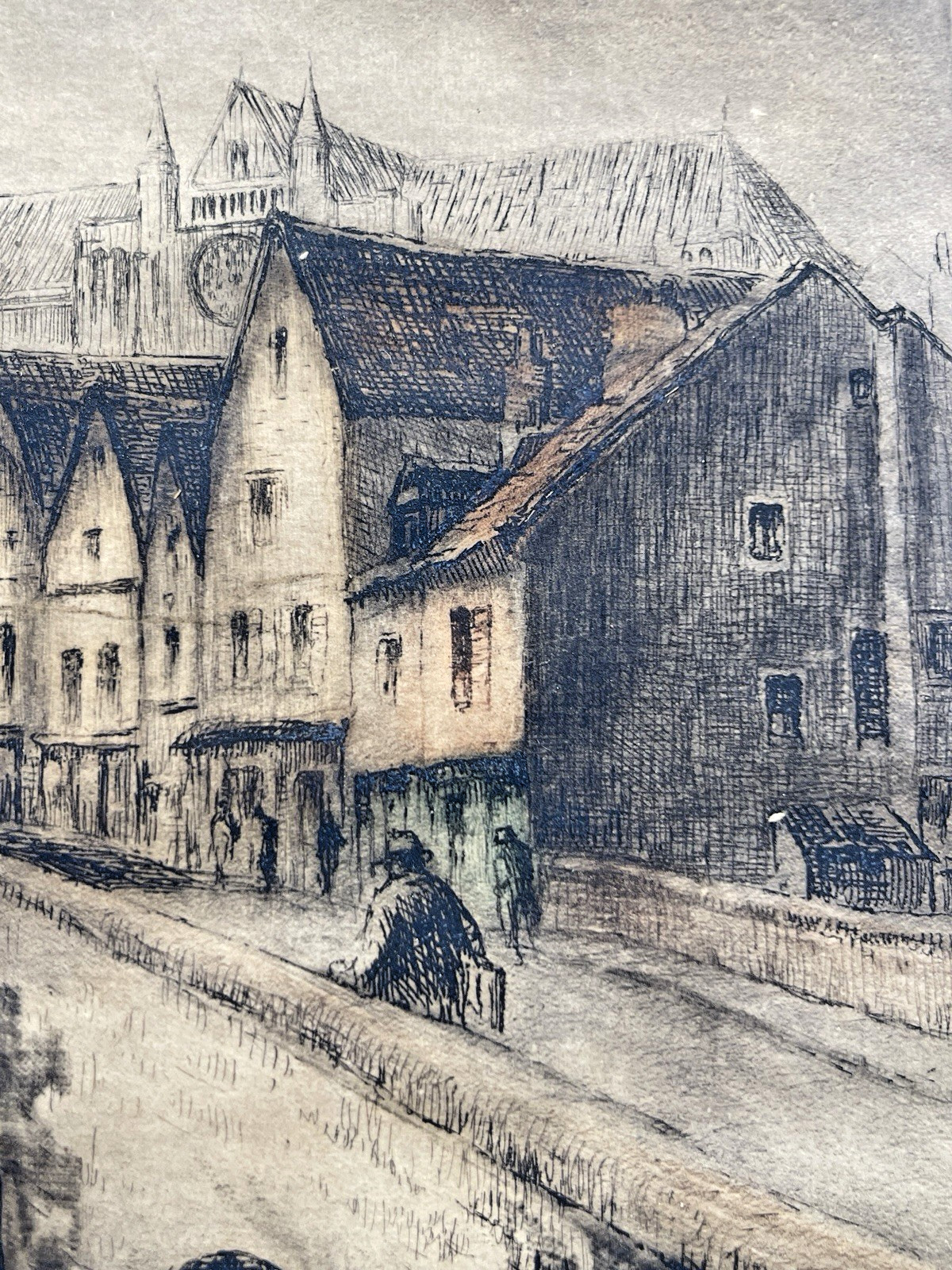 Chartres Cathedral French Aquatint Etching Signed T. Rost, Old Stone Bridge