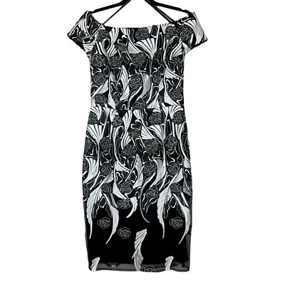 David Meister Size 6 Black & White Off Shoulder Cocktail Dress Lined Floral