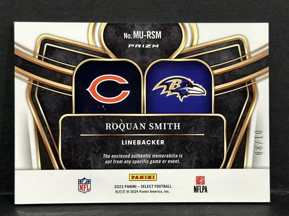 2023 Panini Select Football Roquan Smith Multiverse Dual Patch Gold Prizm /10 - Image 4 of 4