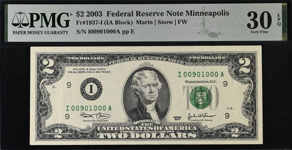 2003 $2 Federal Reserve Note PMG 30EPQ - Fancy Serial Number 00901000 - Image 2 of 3