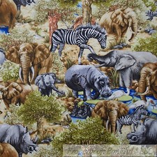 BonEful Fabric FQ Cotton Quilt Brown Scenic Jungle Safari Elephant Tree of Life