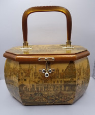 Anton Pieck Decoupage Wooden Box Purse Octagonal Lucite Handle Lined Felt Bottom