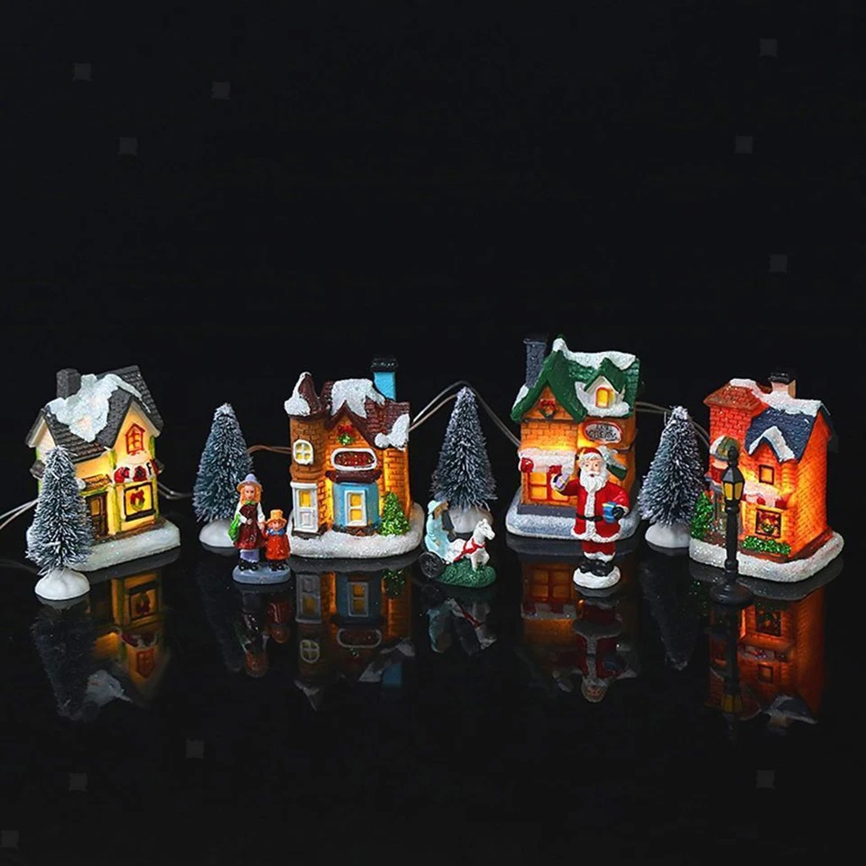 Christmas Village Decoration Miniature House,Christmas Village Set LED Resin