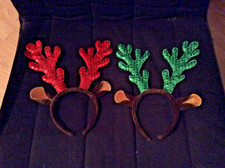 Christmas Design Green  Red Reindeer brown headbands - very nice preowned