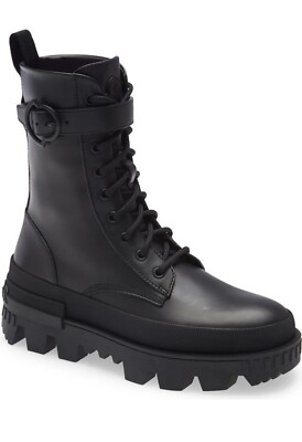 sz 7 US / 37.5 Moncler Black Leather Carinne lace-up Logo Ankle Strap Boot Shoes