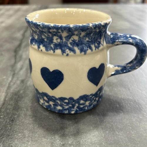Gerald Henn Friendship Pottery Roseville Blue Sponge Spongeware Mug with Hearts
