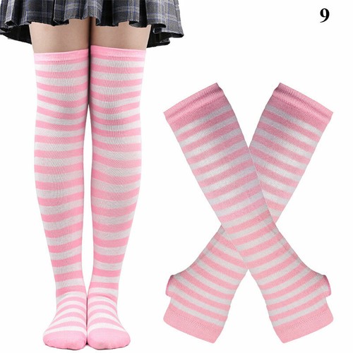 Conjunto de guantes sin dedos a rayas sobre la rodilla hasta el muslo calcetines largos calentador de brazos para mujer - Imagen 11 de 25