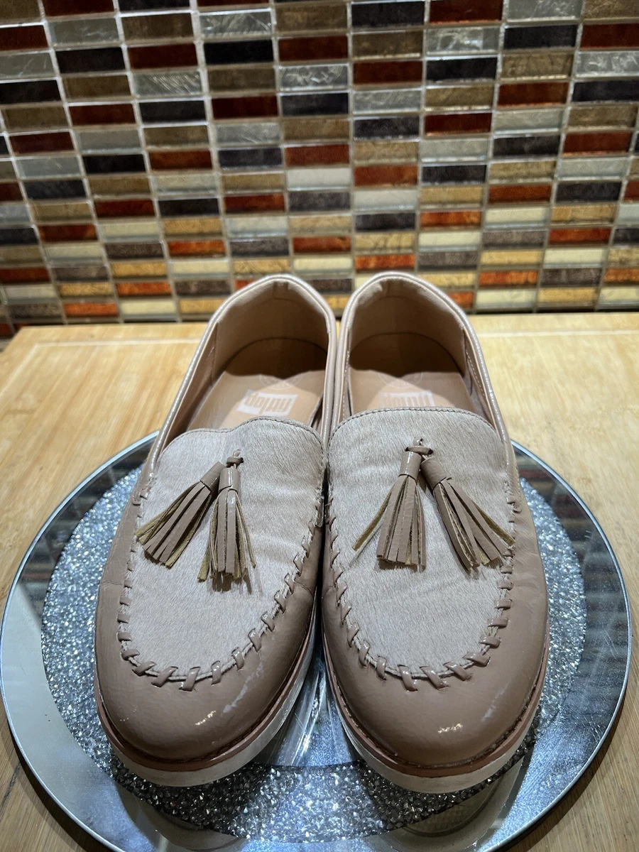 Fitflop Petrina Genuine Calf Hair Loafer Beige Crinkle Patent Sz 6 7 small 7