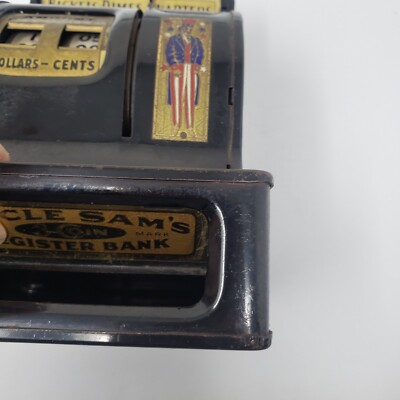 Antique Vintage Uncle Sam's 3 Coin Metal Cash Register Bank Patent