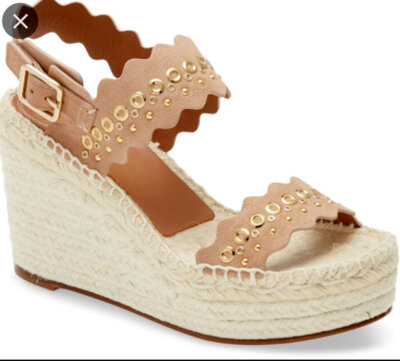 Chloe Wedge Sandals Beige Lauren Studded Grommets Espadrilles