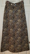 Vtg. 60s 70s boho Tapestry fabric long Skirt belted blue brown Small XS brocade